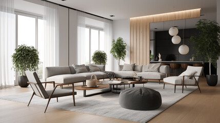 Fototapeta premium a minimalist living room with a cozy sofa, generative ai
