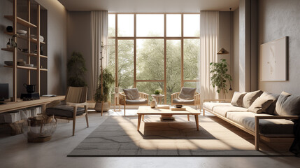 Fototapeta na wymiar a minimalist living room with a neutral color, generative ai