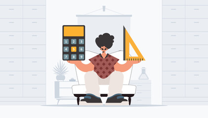 The person is holding a ruler and a calculator, learning subject. Trendy style, Vector Illustration