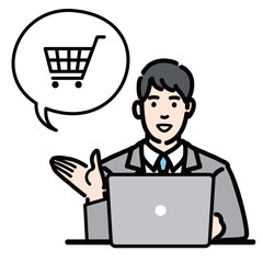 ラップトップの前でショッピングの説明をしているスーツを着た若い男性
