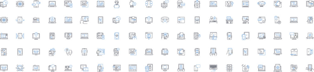 Electronics line icons collection. Gadgets, Devices, Hardware, Compnts, Circuitry, Audio, Video vector and linear illustration. Screens,Batteries,Speakers outline signs set