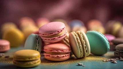 Poster Colorful macarons dessert with vintage pastel tones. Colorful French macarons background, Different colorful macaroon background. Tasty sweet color macaron Generative AI © Tinttrex