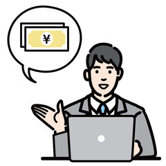 ラップトップの前でお金の説明をしているスーツを着た若い男性
