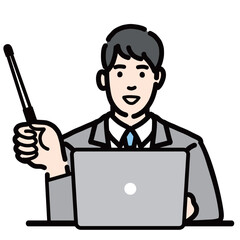 ラップトップの前で指し棒で解説をしているスーツを着た若い男性

