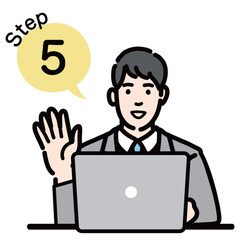 ステップ5　ラップトップの前で工程を説明するスーツを着た若い男性

