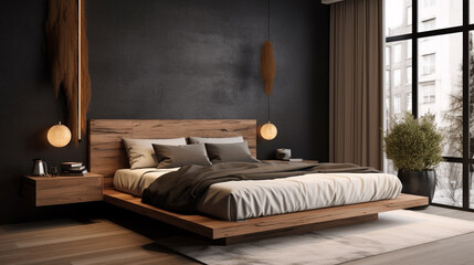 a modern bedroom with a sleek platform, generative ai