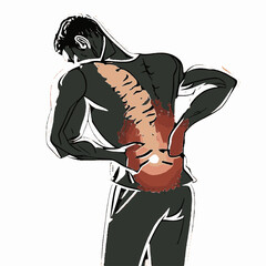 Man suffering from sudden backache, touching lower back, lower back inflammation vector image.