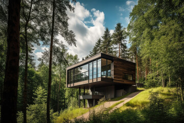 Modern house in summer forest, Generative AI