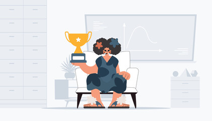 Energetic lady holding the winner's holder. Trendy style, Vector Illustration