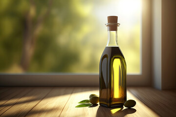 Obraz na płótnie Canvas Bottle with olive oil standing on wooden table near the window, Generative AI