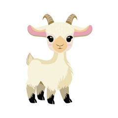 Goat. Vector drawing of a cartoon four-legged character. A domestic animal in an agricultural culture. Cute goat in a flat style. Little goat, horned cattle. Used for prints, stickers, collages.
