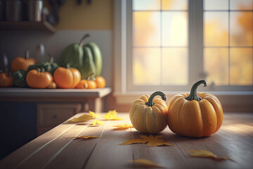 Ripe pumpkins on the table in a kitchen, Generative AI - obrazy, fototapety, plakaty
