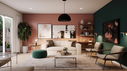 Fototapeta na wymiar A modern living room with a bold accent, generative ai
