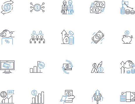 Cash management line icons collection. Budgeting, Liquidity, Forecasting, Savings, Debt, Payment, Efficiency vector and linear illustration. Analysis,Balance,Currency outline signs set