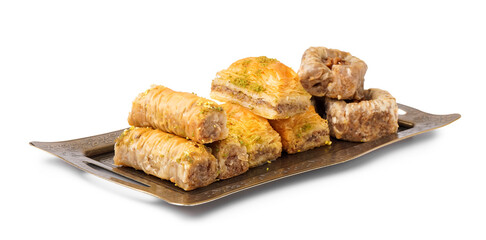 Tray with tasty baklava isolated on white background