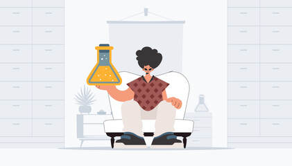 Individual holding chemical carafe, learning subject. Trendy style, Vector Illustration