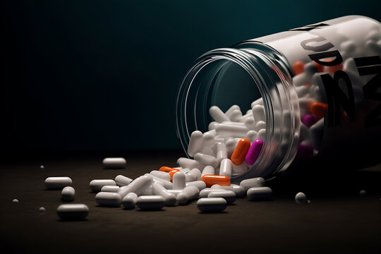 white orange pink pills falling out of a bottle on floor with dark emerald background, White medical pills and tablets spilling out of a drug bottle, copy space,  generative ai
