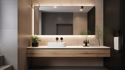 Fototapeta na wymiar A modern minimalist bathroom with a rectangular sink , generative ai