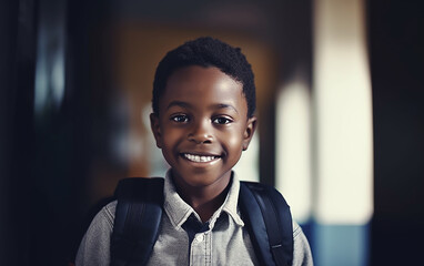 Dark-skinned black african american boy smiling portrait at school. Happy child. Cute kid. Generative AI 