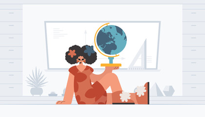Energized woman holding a colossal globe, learning subject. Trendy style, Vector Illustration