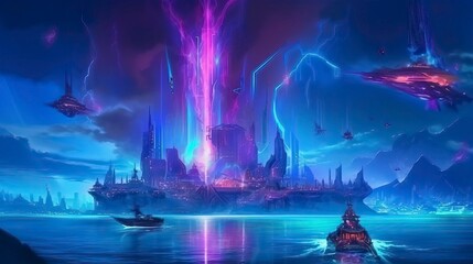 Futuristic fantasy landscape sci-fi landscape with_planet illustration . Generative AI