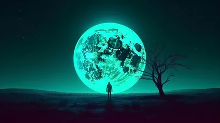 Keuken foto achterwand Volle maan en bomen Futuristic fantasy landscape sci-fi landscape with_planet illustration . Generative AI