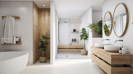 A simple elegant bathroom with a white color scheme, generative ai