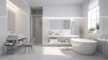 Fototapeta na wymiar A simple elegant bathroom with a white color scheme, generative ai