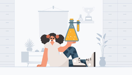Endless woman holding chemical carafe, learning point. Trendy style, Vector Illustration