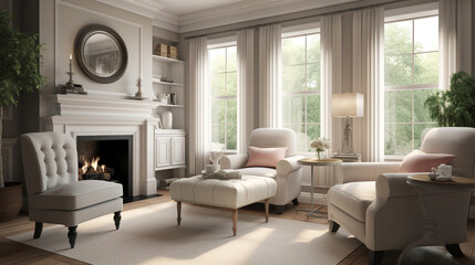 Fototapeta premium A traditional family room with a cozy fireplace, generative ai
