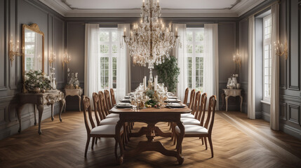 Fototapeta na wymiar A traditional dining room with a large wooden table, generative ai