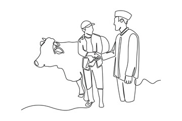 Single one line drawing happy muslim boy bring a cow for sacrifice. Happy Eid Al Adha concept. Continuous line draw design graphic vector illustration.