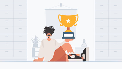 The individual holds the holder of the victor. Trendy style, Vector Illustration