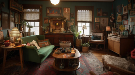 A vintage eclectic living room with a mix of patterns, generative ai