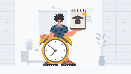 Individual with inquisitively and caution clock, learning subject. Trendy style, Vector Illustration