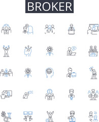 Broker line icons collection. Agent, Dealer, Representative, Intermediary, Negotiator, Facilitator, Liaison vector and linear illustration. Middleman,Arbiter,Advocate outline signs set