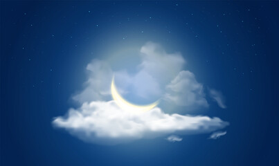 Obraz na płótnie Canvas Night sky background with half moon in clouds and stars.Vector illustration