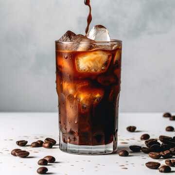 A beautifully captured shot of a cold brew coffee, perfectly set against a bright white backdrop, illuminating its rich, chocolaty tones and crisp, refreshing finish.