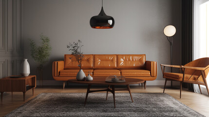 A vintage modern living room with a sleek leather sofa, generative ai