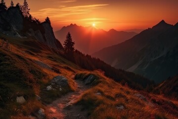 Naklejka premium The sunset sky and the mountains in Switzerland. AI generative