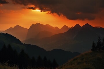 Obraz premium The sunset sky and the mountains in Switzerland. AI generative
