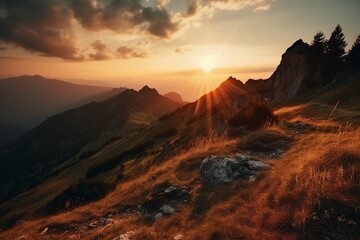 The sunset sky and the mountains in Switzerland. AI generative