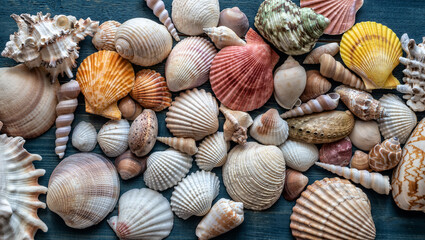 Seashells on desk as a background for your creativity. Flat lay.