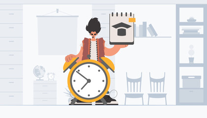 Individual with inquisitively and caution clock, learning subject. Trendy style, Vector Illustration