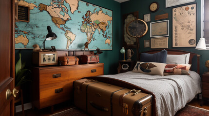 A vintage travel-inspired bedroom, generative ai