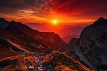 The sunset sky and the mountains in Switzerland. AI generative