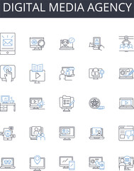 Digital media agency line icons collection. Budgeting, Profit, Debt, Investment, Balance, P&L profit and loss, Credit vector and linear illustration. Ledger,Cash flow,Equity outline signs set