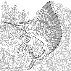 Underwater scene with a marlin fish. Adult coloring book page with intricate mandala and zentangle elements.