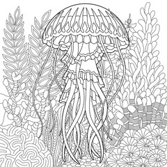 Underwater scene with a jellyfish. Adult coloring book page with intricate mandala and zentangle elements.