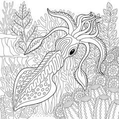 Underwater scene with a squid. Adult coloring book page with intricate mandala and zentangle elements.